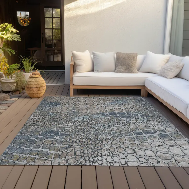 8' X 10' Silver Blue And Brown Abstract Washable Indoor Outdoor Area Rug