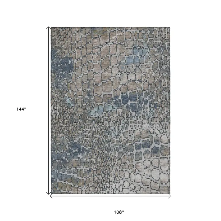 9' X 12' Silver Blue And Brown Abstract Washable Indoor Outdoor Area Rug