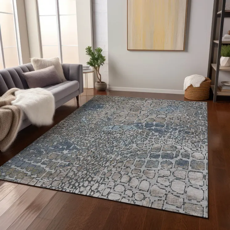 10' X 14' Silver Blue And Brown Abstract Washable Indoor Outdoor Area Rug