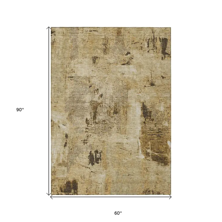 5' X 8' Beige And Brown Abstract Washable Indoor Outdoor Area Rug