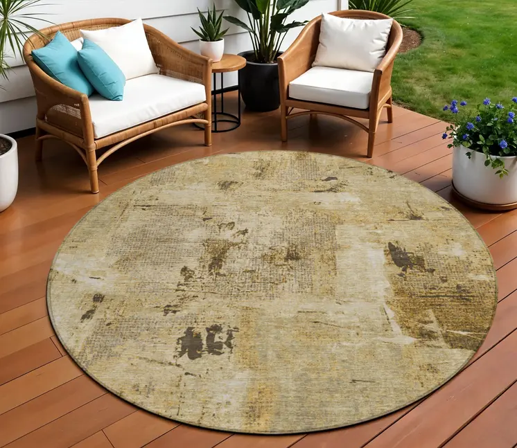 8' Beige And Brown Round Abstract Washable Indoor Outdoor Area Rug