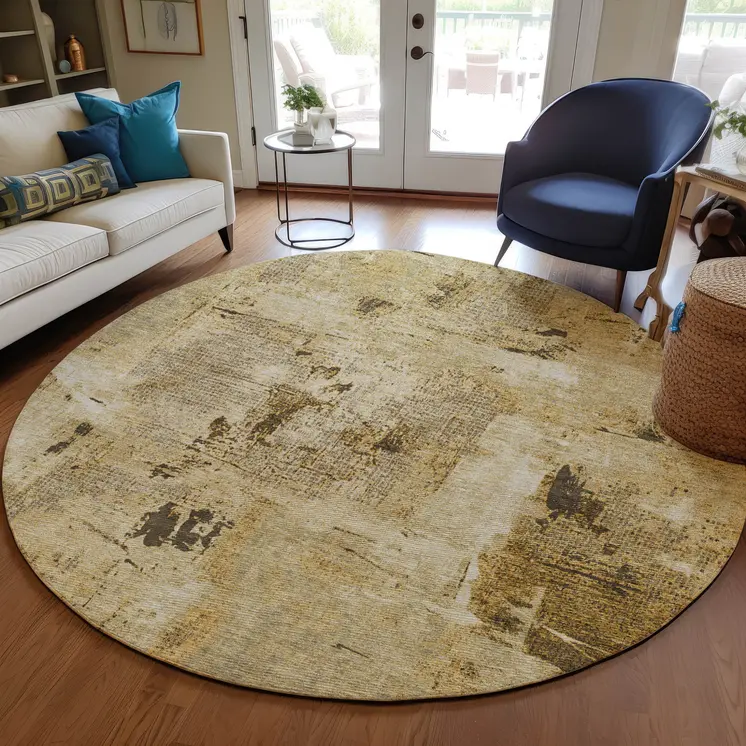 8' Beige And Brown Round Abstract Washable Indoor Outdoor Area Rug