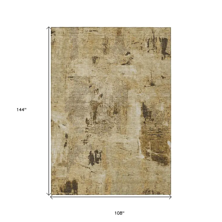 9' X 12' Beige And Brown Abstract Washable Indoor Outdoor Area Rug