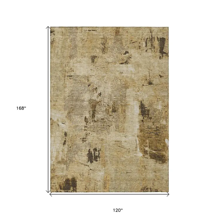 10' X 14' Beige And Brown Abstract Washable Indoor Outdoor Area Rug
