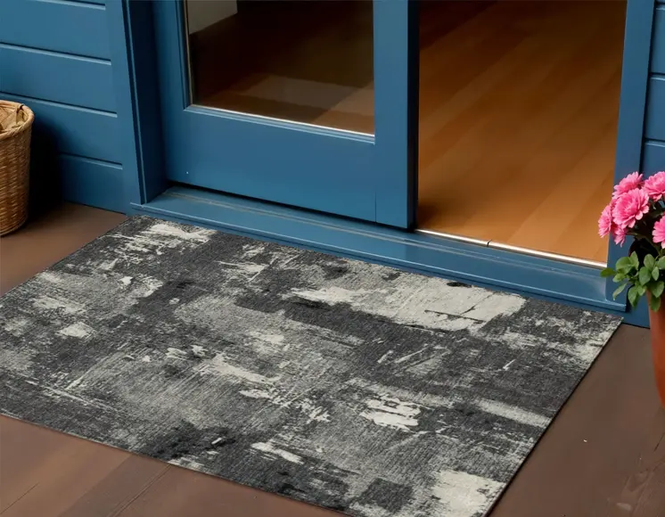 3' X 5' Black Gray And Ivory Abstract Washable Indoor Outdoor Area Rug
