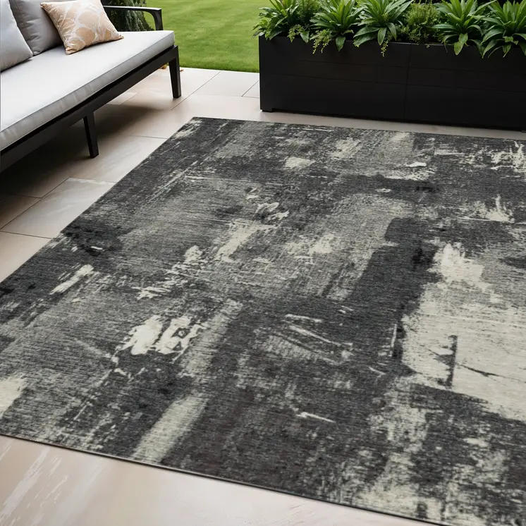 5' X 8' Black Gray And Ivory Abstract Washable Indoor Outdoor Area Rug