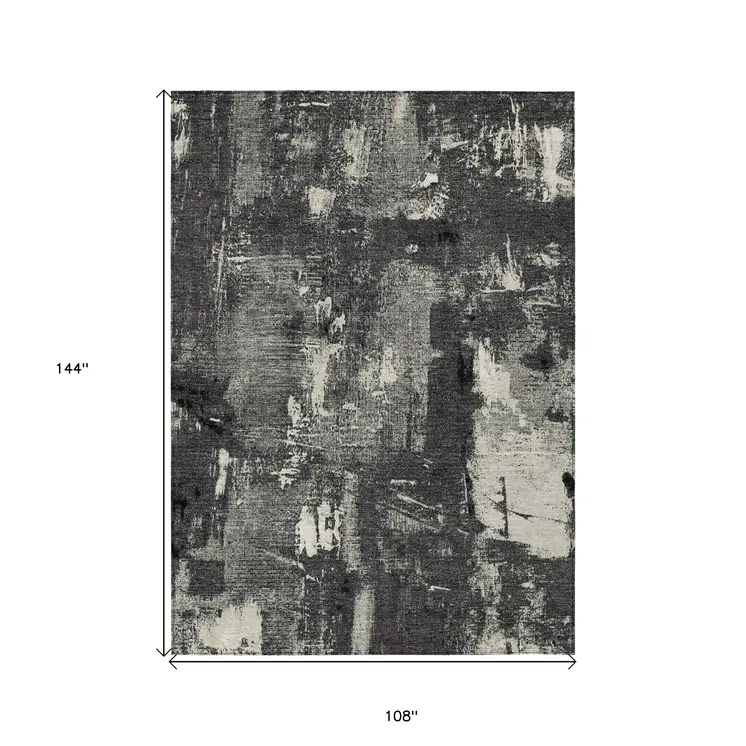9' X 12' Black Gray And Ivory Abstract Washable Indoor Outdoor Area Rug