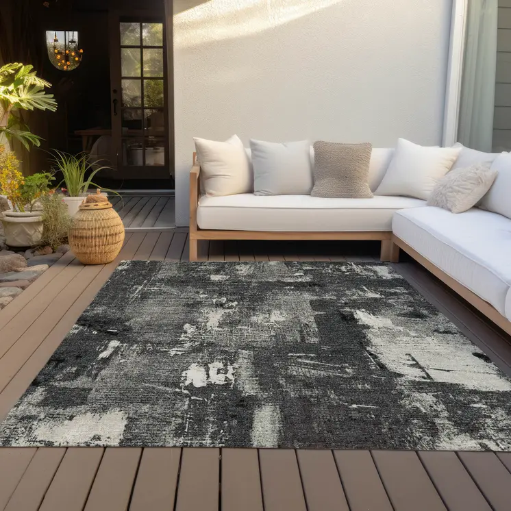 9' X 12' Black Gray And Ivory Abstract Washable Indoor Outdoor Area Rug