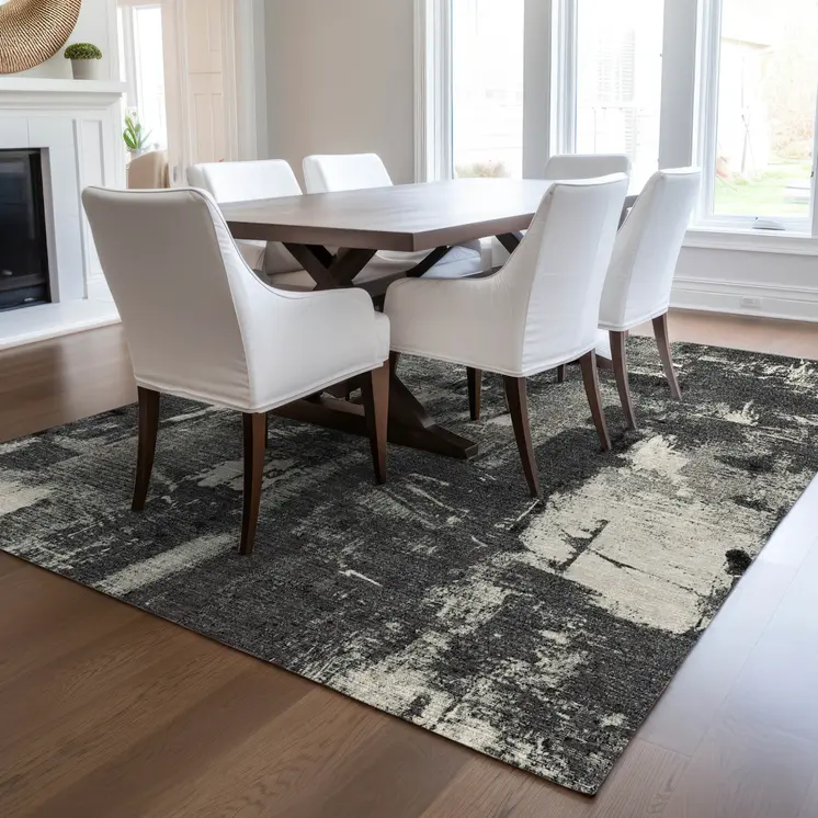 9' X 12' Black Gray And Ivory Abstract Washable Indoor Outdoor Area Rug