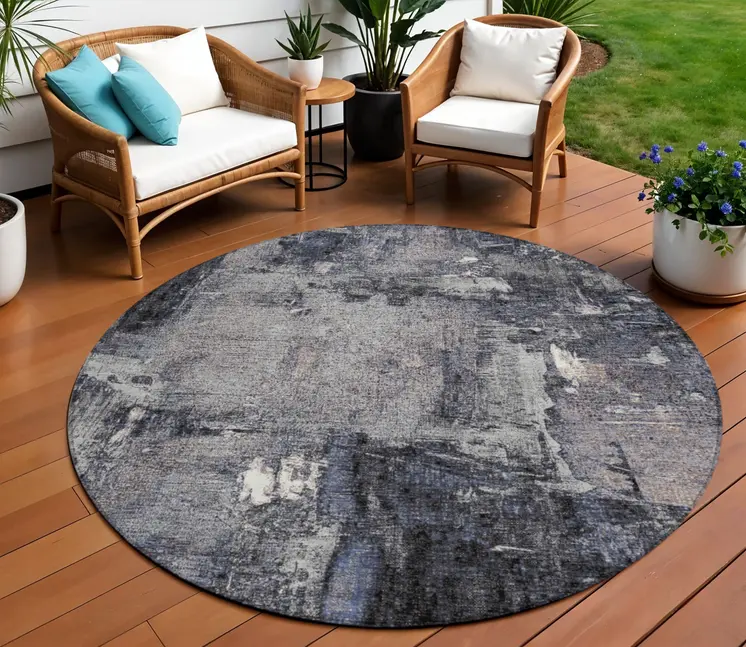 8' Charcoal Ivory And Blue Round Abstract Washable Indoor Outdoor Area Rug