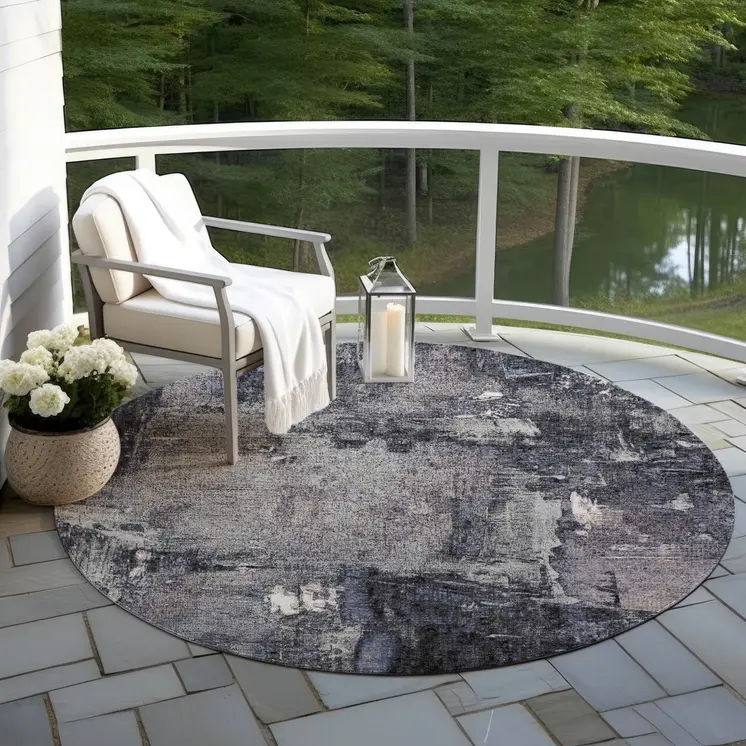 8' Charcoal Ivory And Blue Round Abstract Washable Indoor Outdoor Area Rug