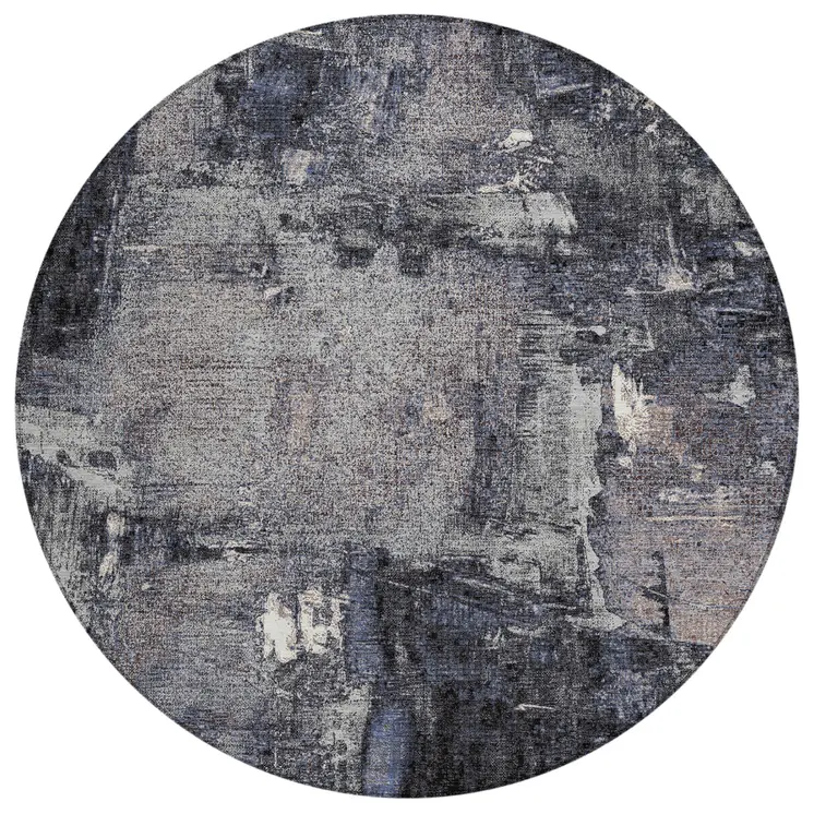 8' Charcoal Ivory And Blue Round Abstract Washable Indoor Outdoor Area Rug