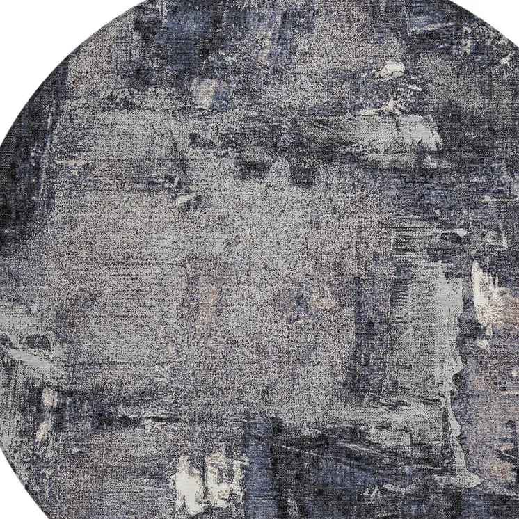 8' Charcoal Ivory And Blue Round Abstract Washable Indoor Outdoor Area Rug