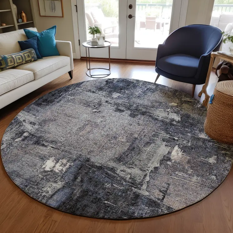 8' Charcoal Ivory And Blue Round Abstract Washable Indoor Outdoor Area Rug