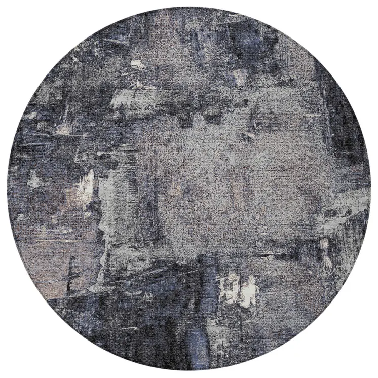 8' Charcoal Ivory And Blue Round Abstract Washable Indoor Outdoor Area Rug