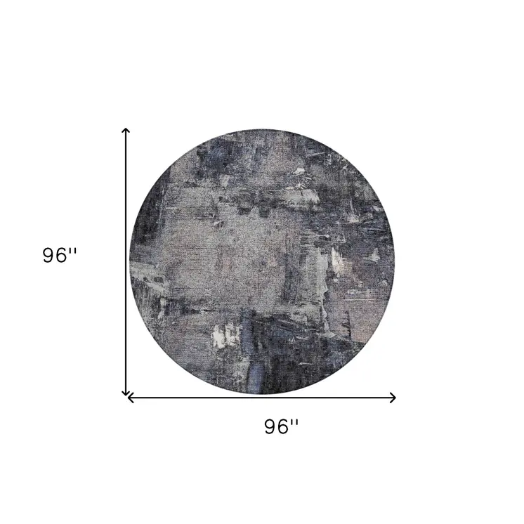 8' Charcoal Ivory And Blue Round Abstract Washable Indoor Outdoor Area Rug
