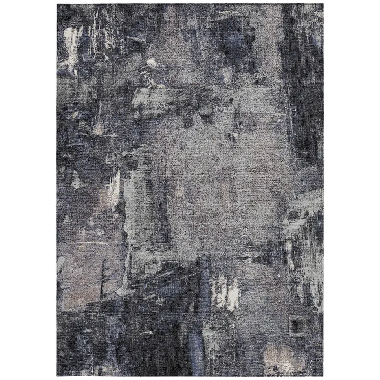 8' X 10' Charcoal Ivory And Blue Abstract Washable Indoor Outdoor Area Rug