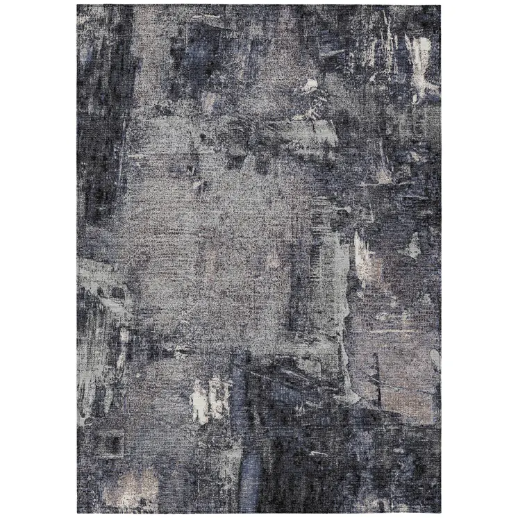8' X 10' Charcoal Ivory And Blue Abstract Washable Indoor Outdoor Area Rug