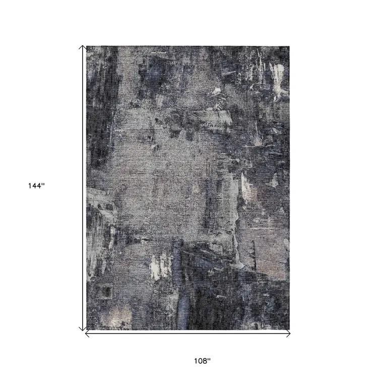 9' X 12' Charcoal Ivory And Blue Abstract Washable Indoor Outdoor Area Rug