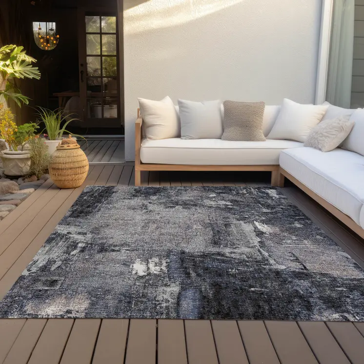 9' X 12' Charcoal Ivory And Blue Abstract Washable Indoor Outdoor Area Rug