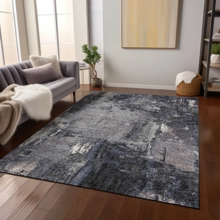 9' X 12' Charcoal Ivory And Blue Abstract Washable Indoor Outdoor Area Rug