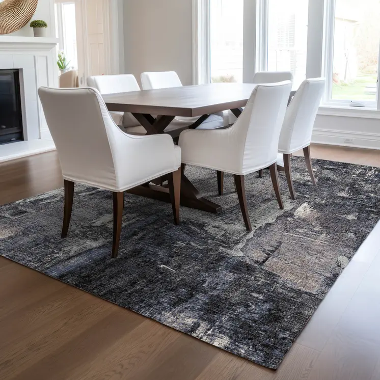 9' X 12' Charcoal Ivory And Blue Abstract Washable Indoor Outdoor Area Rug