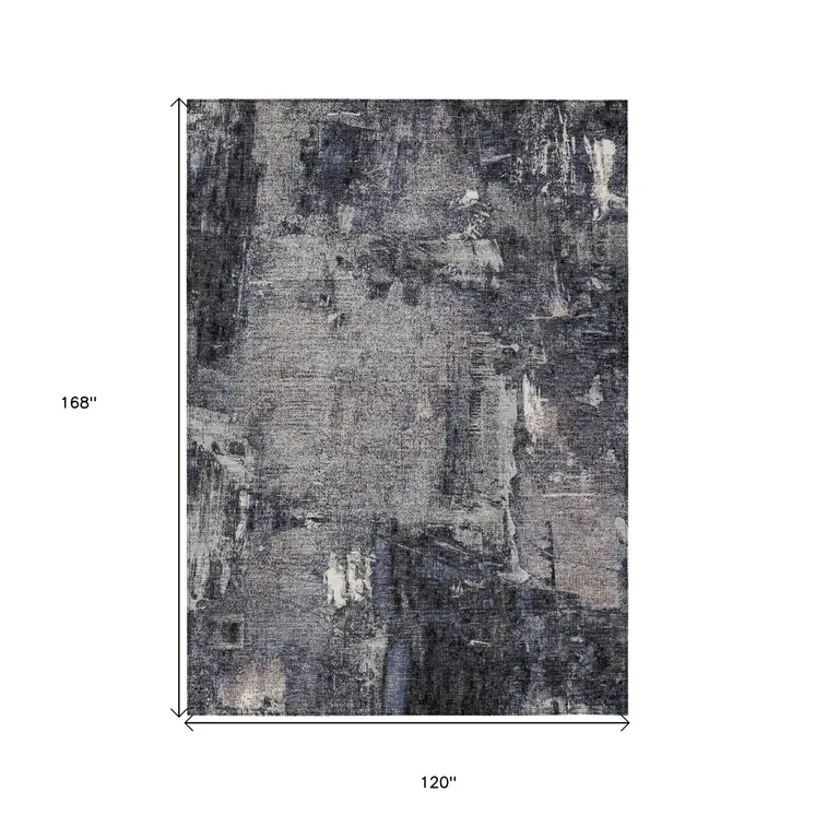 10' X 14' Charcoal Ivory And Blue Abstract Washable Indoor Outdoor Area Rug