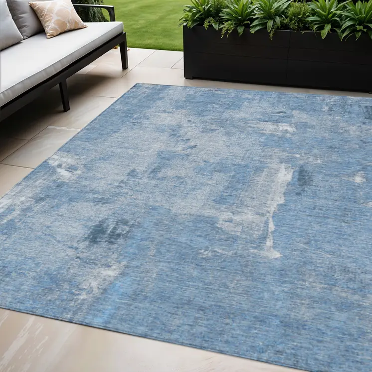 5' X 8' Denim Blue And Ivory Abstract Washable Indoor Outdoor Area Rug