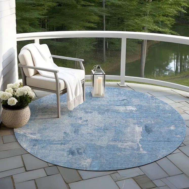 8' Denim Blue And Ivory Round Abstract Washable Indoor Outdoor Area Rug
