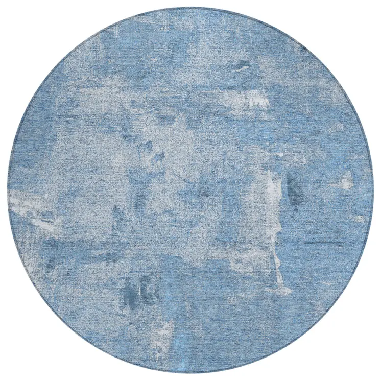 8' Denim Blue And Ivory Round Abstract Washable Indoor Outdoor Area Rug