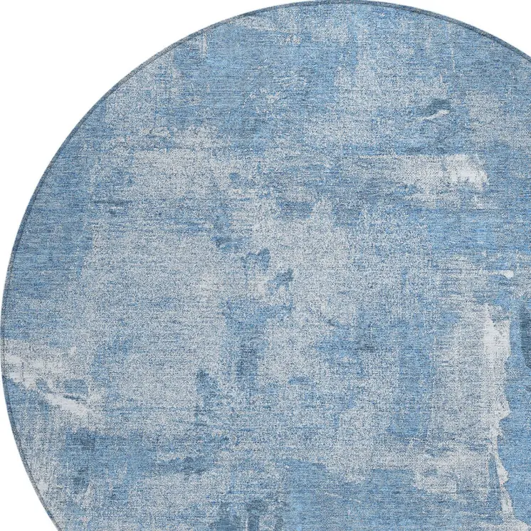 8' Denim Blue And Ivory Round Abstract Washable Indoor Outdoor Area Rug