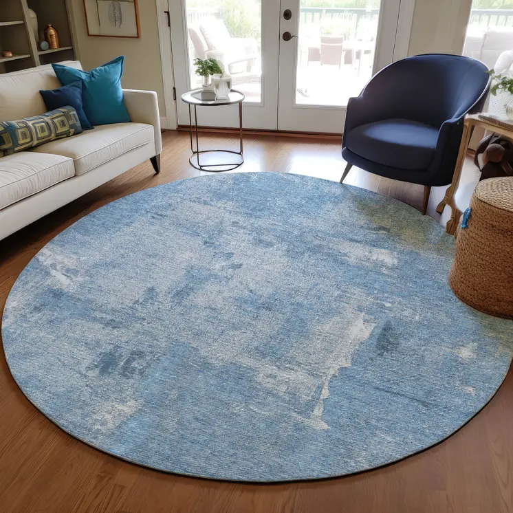 8' Denim Blue And Ivory Round Abstract Washable Indoor Outdoor Area Rug