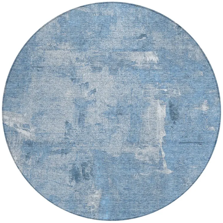 8' Denim Blue And Ivory Round Abstract Washable Indoor Outdoor Area Rug