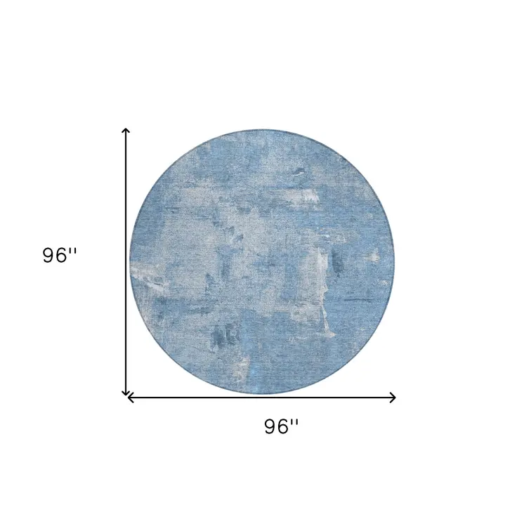 8' Denim Blue And Ivory Round Abstract Washable Indoor Outdoor Area Rug