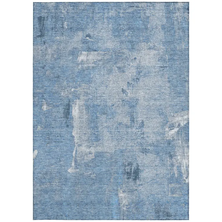 8' X 10' Denim Blue And Ivory Abstract Washable Indoor Outdoor Area Rug