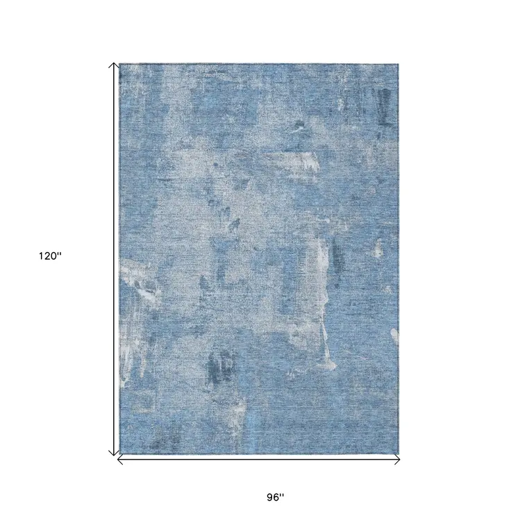 8' X 10' Denim Blue And Ivory Abstract Washable Indoor Outdoor Area Rug
