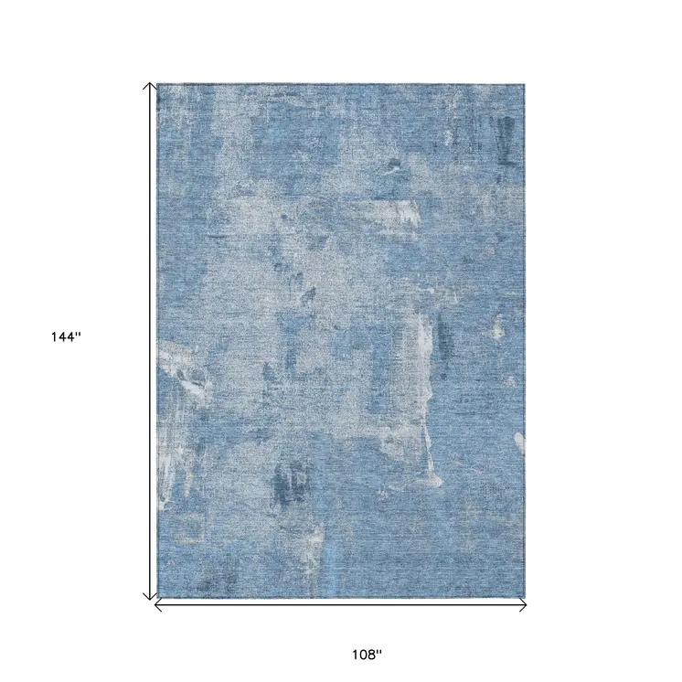 9' X 12' Denim Blue And Ivory Abstract Washable Indoor Outdoor Area Rug