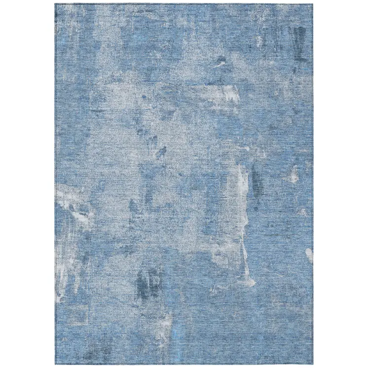 9' X 12' Denim Blue And Ivory Abstract Washable Indoor Outdoor Area Rug