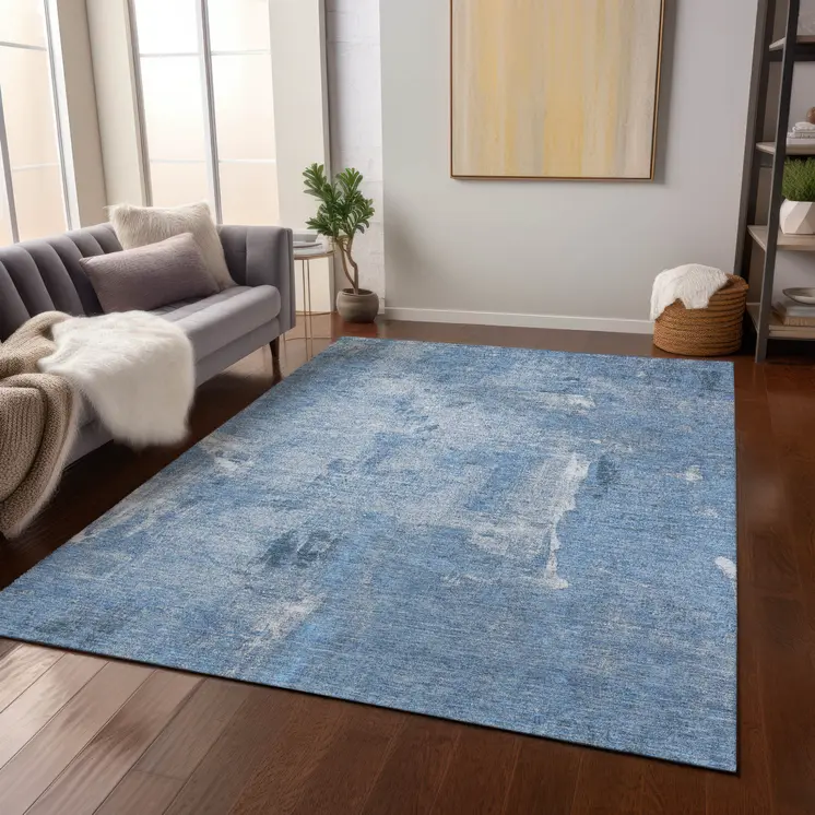 10' X 14' Denim Blue And Ivory Abstract Washable Indoor Outdoor Area Rug