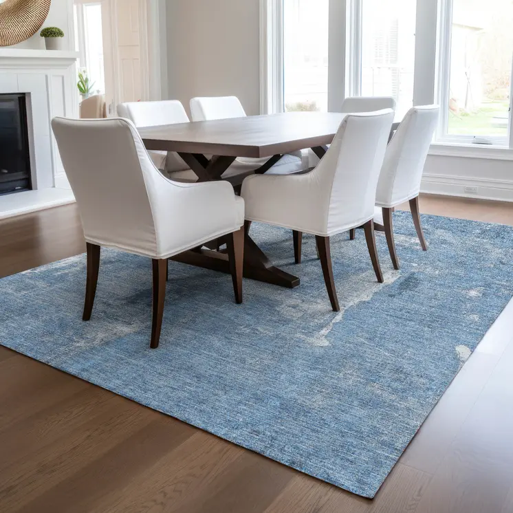 10' X 14' Denim Blue And Ivory Abstract Washable Indoor Outdoor Area Rug
