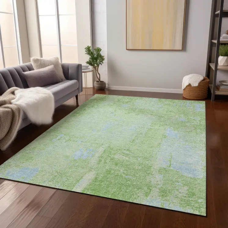 5' X 8' Green And Sky Blue Abstract Washable Indoor Outdoor Area Rug