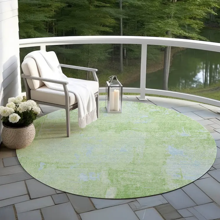 8' Green And Sky Blue Round Abstract Washable Indoor Outdoor Area Rug