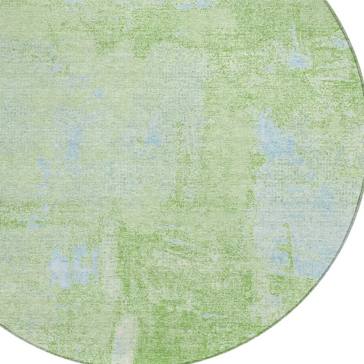 8' Green And Sky Blue Round Abstract Washable Indoor Outdoor Area Rug