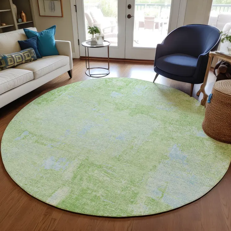 8' Green And Sky Blue Round Abstract Washable Indoor Outdoor Area Rug
