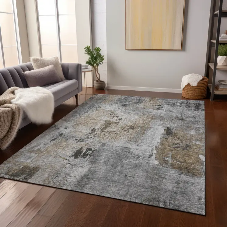 3' X 5' Gray Ivory And Brown Abstract Washable Indoor Outdoor Area Rug
