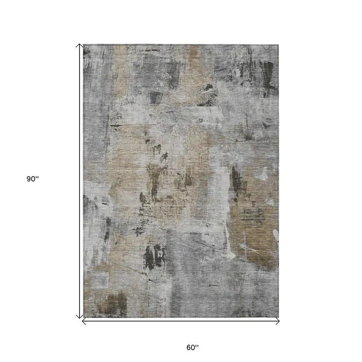 5' X 8' Gray Ivory And Brown Abstract Washable Indoor Outdoor Area Rug