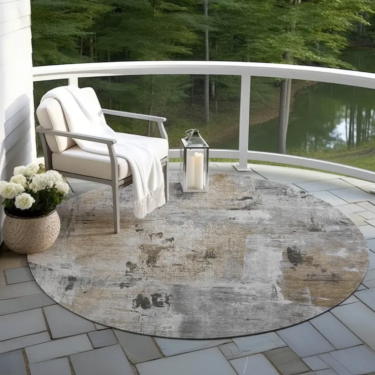 8' Gray Ivory And Brown Round Abstract Washable Indoor Outdoor Area Rug