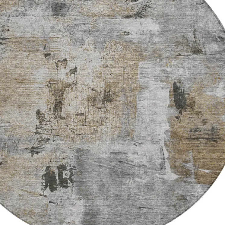 8' Gray Ivory And Brown Round Abstract Washable Indoor Outdoor Area Rug