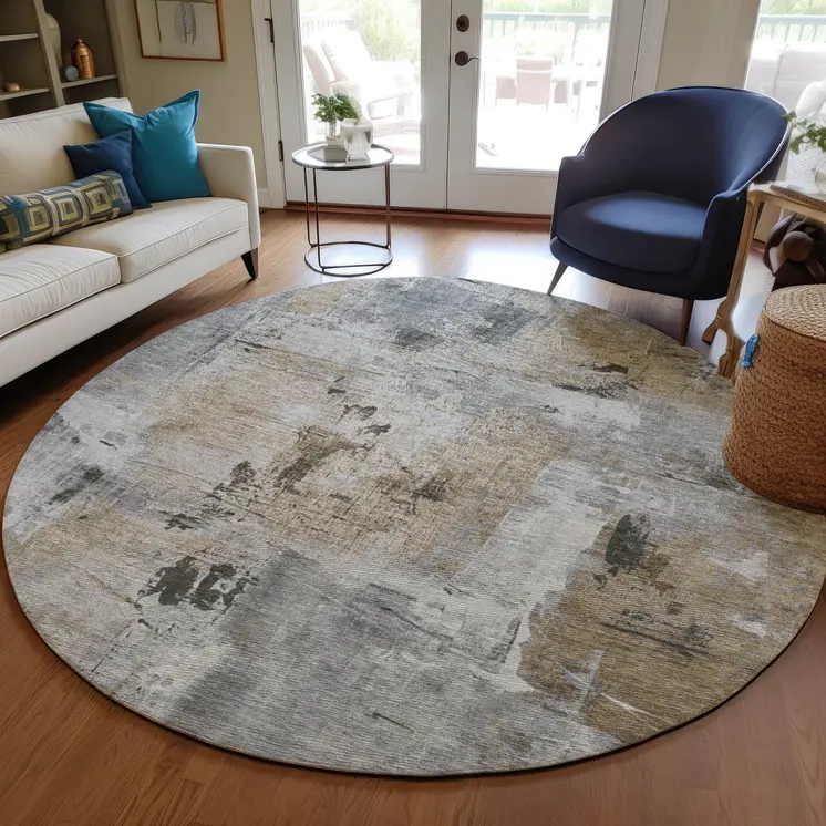 8' Gray Ivory And Brown Round Abstract Washable Indoor Outdoor Area Rug