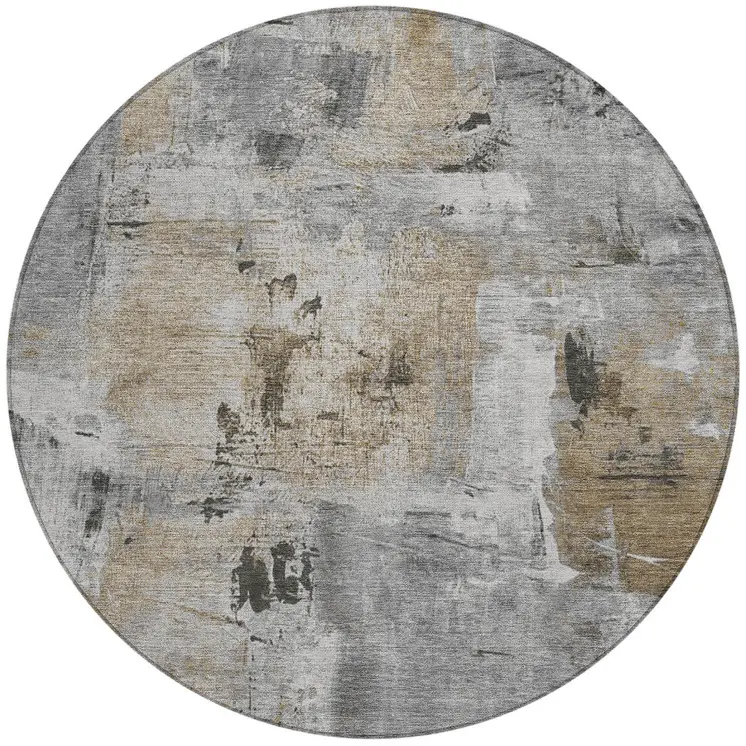 8' Gray Ivory And Brown Round Abstract Washable Indoor Outdoor Area Rug